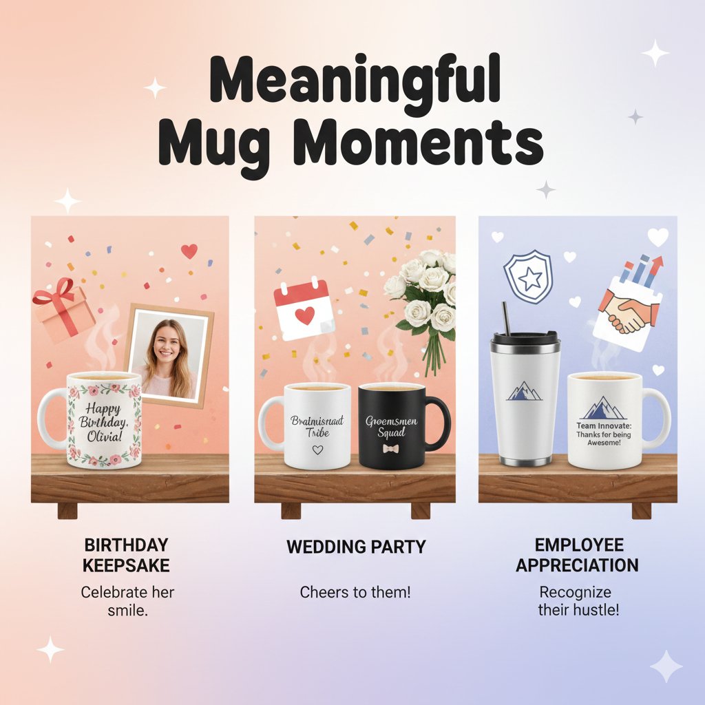Position mugs as gifts: birthday keepsakes, wedding party gifts, employee appreciation presents. Include emotional angles and occasions.